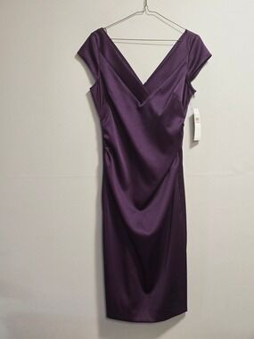 London Times Plum Satin V-Neck Midi Dress Size 10